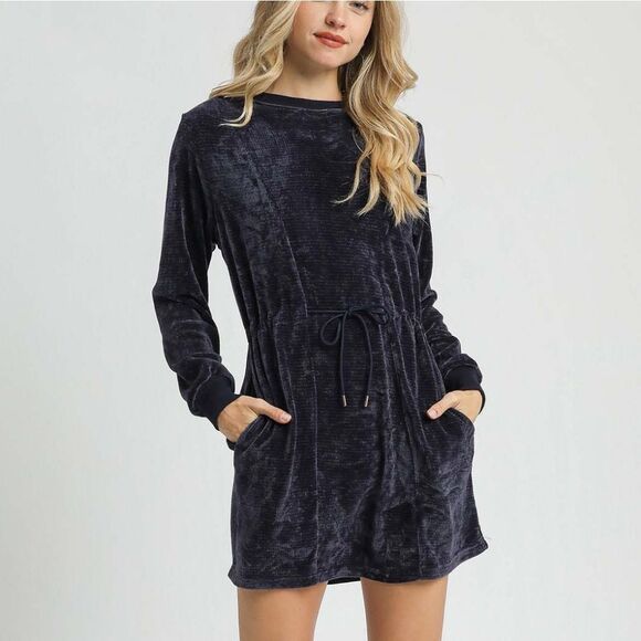 Comfy Fun Dark Blue Velour Dress Drawstring Waist & Pockets S M L - Picture 3 of 9
